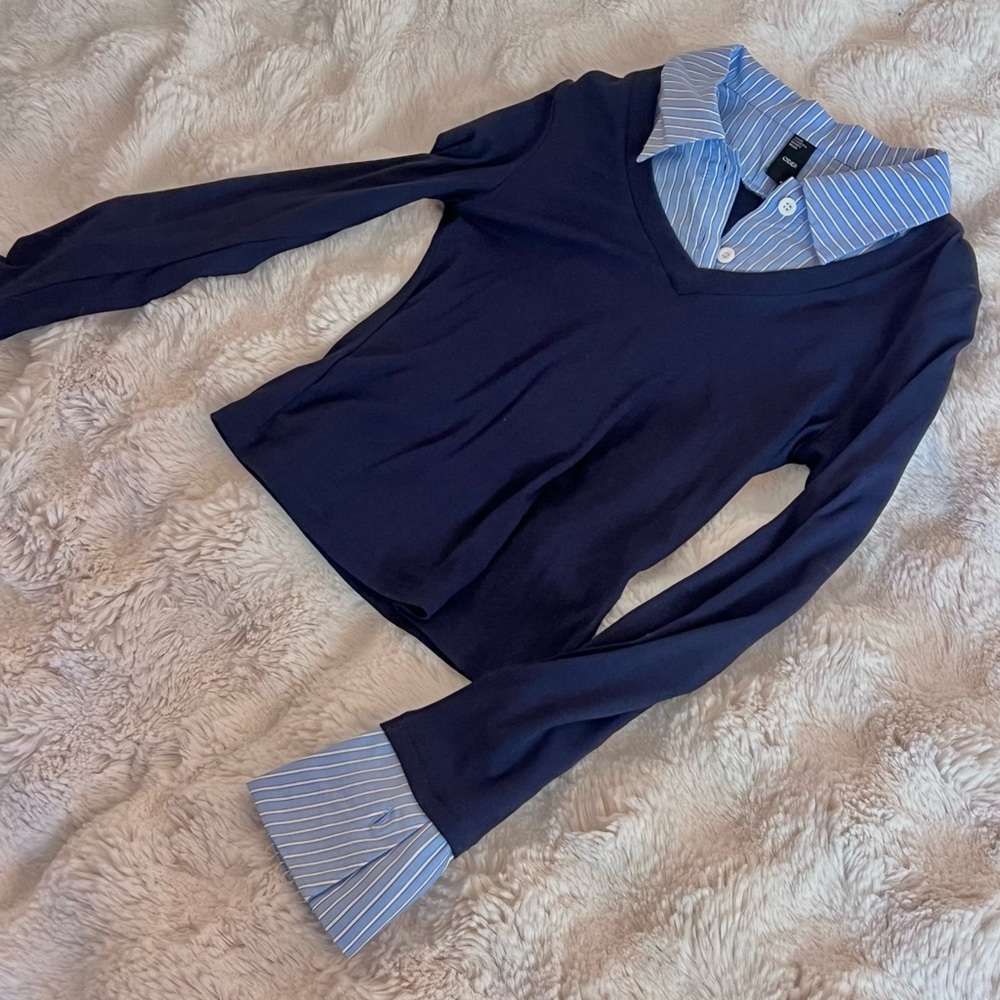 Cider Blue Striped Collar V-Neck Top